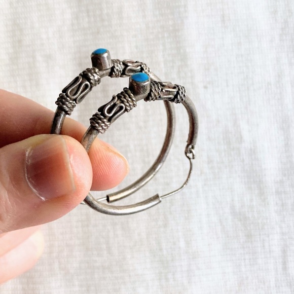 Vintage Large Turquoise Sterling Silver 925 Bali Style Inlay Hoop Post Earrings - Picture 3 of 16